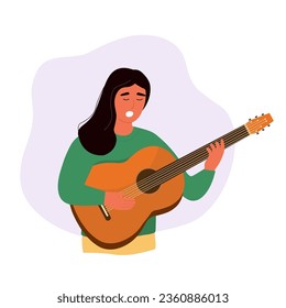 A young girl plays the guitar and sings. The musician performs solo. Vector flat graphics.
