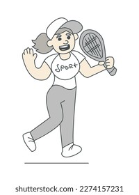 A young girl plays tennis. Funny monochrome vector flat isolated illustration. Cartoon style.