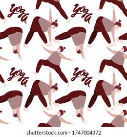 Niña joven más tamaño en diferentes posiciones de yoga, patrón sin fisuras