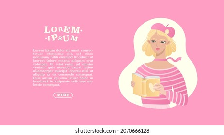 Young girl poet standing and reading her poetry book. Literature poem corses landing page background. World poetry day web banner template. Colorful flat vector cartoon style character illustration.