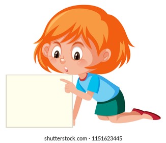 young girl pointing at a blank paper illustration