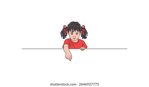 Young Girl Pointing Down Towards Content Below the White Banner with Red Shirt and Curly Hair in Pigtails