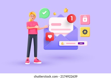 Young girl pointing her finger to envelope. Open Email envelope icon with document. Newsletter 3d concept. Vector 3d illustration