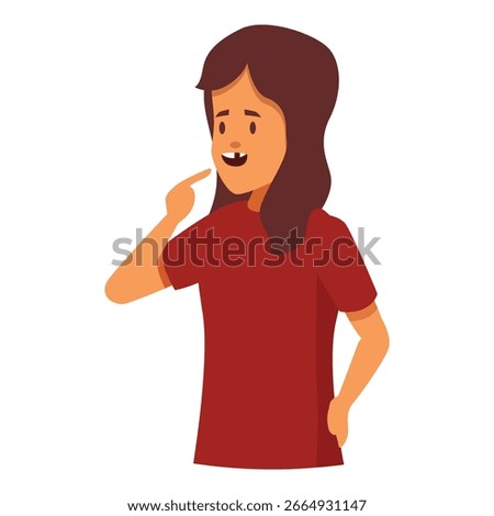 Young girl pointing at her missing tooth, a common childhood experience related to growing up and dental health