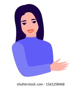Young girl points her hand at something, demonstrates, tells, directs. Vector illustration