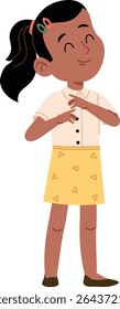 A young girl with a ponytail smiles while clasping her hands, drawn in a cartoon style. The child wears a patterned skirt and a buttoned shirt, exuding joy. Cartoon vector illustration.