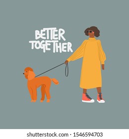 Young girl with poodle dog. Autumn fashion look. Vector flat illustration