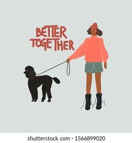 Young girl with poodle dog on a leash . Autumn look. Vector flat illustration