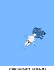 Young girl in the pool.She was crying deeply.Woman crying in blue background.Doodle art concept,illustration painting