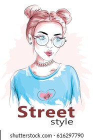 Young girl portrait. Beautiful woman in sunglasses. Sketch. Vector illustration.