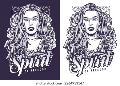 Young girl portrait monochrome flyer with long-haired seductive belle standing among flowers with signature spirit of freedom vector illustration