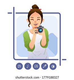 young girl pose holding digital camera and editing the picture in smartphone with app vector illustration. used for poster world photography day, website image and other