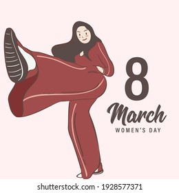 young girl pose kicking. The concept of women's day campaign. Cartoon characters vector illustration of Women power concept