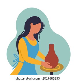 Chica alfarera. Una mujer esculpa un florero de arcilla detrás de una rueda de alfarero. Ilustración vectorial de un escultor sobre un fondo blanco. El artista crea una olla de cerámica. Maquinaria. Estilo plano.