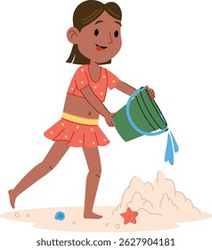 A young girl pours water from a bucket onto a sandcastle in a playful cartoon style. The child is depicted enjoying a sunny day at the seaside with a cheerful expression. Cartoon vector illustration.