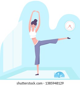 A young girl practices yoga in her apartment. The cat is sleeping on the floor. A clock is hanging on the wall. Flat design.