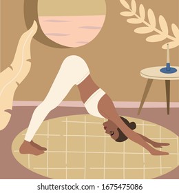 A young girl practices yoga at home in her cozy Scandinavian style living room. Practice of meditation at home. Vector illustration. 
