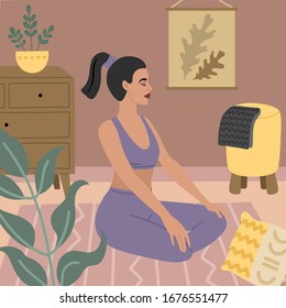 A young girl practices yoga at home in her cozy Scandinavian style living room. Practice of meditation at apartment. Vector illustration, isolated on background.