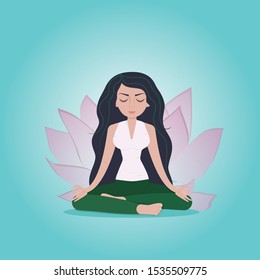 Young girl practices yoga. Lotus. Asana. Meditation and relaxation poster. Vector illustration