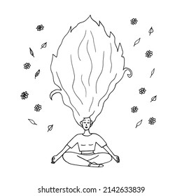a young girl practices yoga in the lotus position. a woman with long hair is meditating. vector illustration hand drawn in doodle style. 