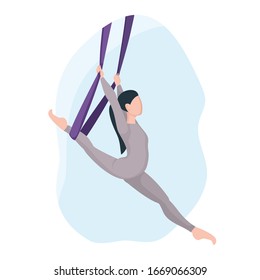 A young girl practices yoga with a ribbon or hammock. Aerial Yoga. Stretching exercises and anti-gravity relaxation. Vector illustration
