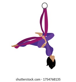 A young girl practices yoga with a ribbon or hammock. Aerial Yoga. Stretching exercises. Anti-gravity relaxation. Sport, healthy lifestyle and fitness training vector illustration.