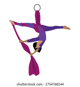 A young girl practices yoga with a ribbon or hammock. Aerial Yoga. Stretching exercises. Anti-gravity relaxation. Sport, healthy lifestyle and fitness training vector illustration.