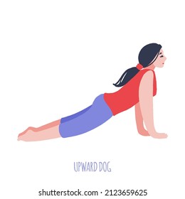 Young girl practices yoga in the upward dog pose. Exercise, yoga position. International yoga day. Hand drawn vector decorative illustration in trendy flat style.