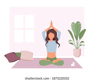 Young girl practicing meditation and relaxation. Woman doing yoga. Physical and spiritual practice. Aesthetic vector illustration in flat style
