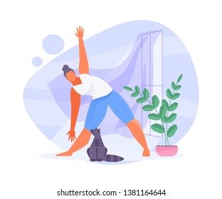 Young girl practicing yoga with her cat. Humorous vector illustration