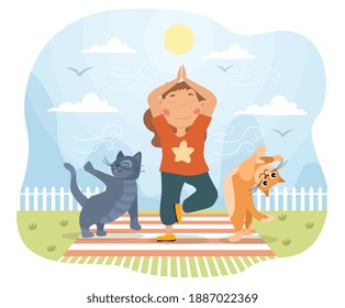 Young girl practicing yoga with her cats outdoors on a mat in the garden on a hot summer day, colored cartoon vector illustration