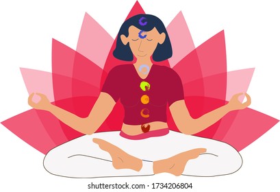 Young girl practicing yoga lotus pose, 21st june international yoga day isolated on white vector illustration.