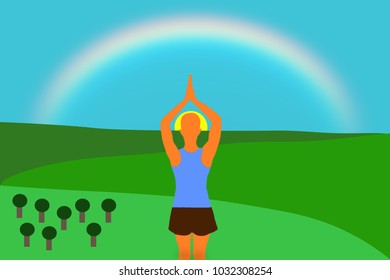 A young girl practicing yoga on the mountain with the rainbow