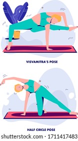 Young girl practicing yoga, set of different poses on white background. Half circle pose and Visvamitra's pose. Meditation, stretching and relaxation in women positions. Flat style vector illustration