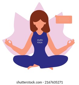 Young girl practicing yoga. Yoga trainer.  Yoga studio. Flat and vector illustration.