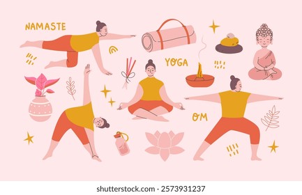 Young girl practising yoga. Set of hand drawn yoga elements. The concept of healthy lifestyle, self-care