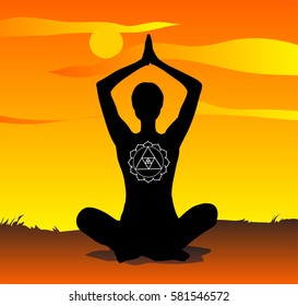 Young girl practising yoga in the sunset in meditation pose. Vector illustration.