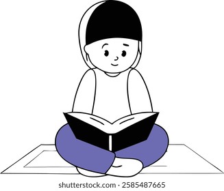 A young girl is praying on a mat with a night sky background, highlighting innocence and Ramadan reflections.