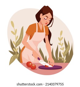 Young girl preparing dinner. Woman prepares salad,  cut tomatoes knife on a cutting board. Meal, lunch or dinner. Housekeeping concept. Women routine, everyday life concept. Vector illustration.