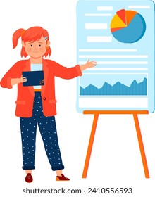 Young girl presenting chart on whiteboard, holding tablet, red jacket, educational setting. Child with presentation skills, learning process vector illustration.
