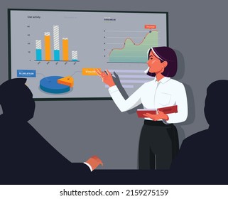 Young girl presenting to her colleague in conference room with television screen presentation