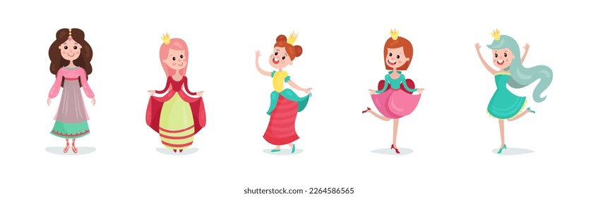 Young Girl Princess Wearing Royal Clothing and Crown on Her Head Vector Set