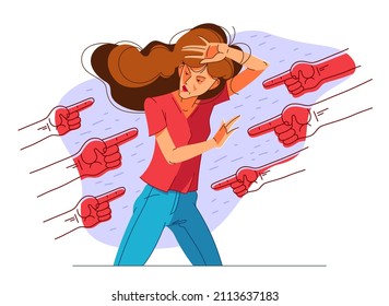 Young girl in problem and pointing finger hands vector illustration concept of bullying and shaming, mockery and discrimination theme.