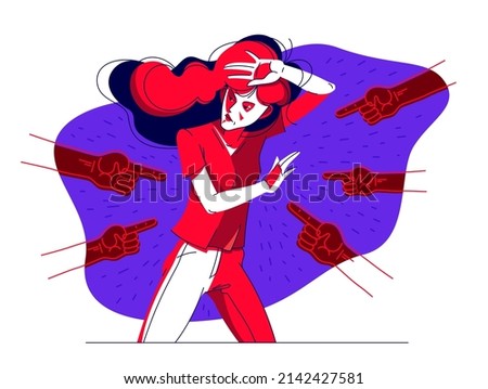 Young girl in problem and pointing finger hands vector illustration concept of bullying and shaming, mockery and discrimination theme.