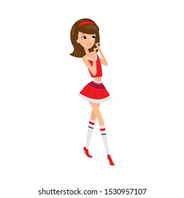 Young girl professional cheerleader brunette in red costume vector illustration