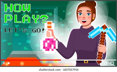 Young girl professional gamer tell about how to play into a new strategic computer game. Female blogger creating content about her hobby and posting it on social media. Screensaver of video tutorial