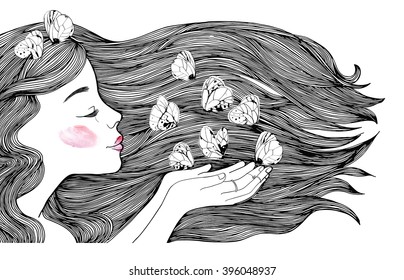 Young girl profile portrait.and white butterflies. Black and White Fashion illustration. Isolated