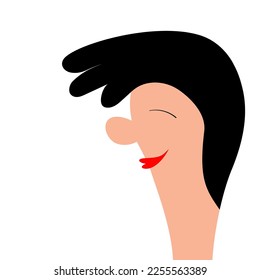 Young girl profile smiling face. Portrait of woman. Beautiful lady, female. Brunette hairstyle. Black hair. Avatar for social networks. Cute cartoon funny character Flat design White background Vector