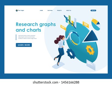 Young girl in progress at work. Concept woman character with graph Research and charts. 3d isometric. Landing page concepts and web design
