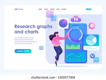 Young girl in progress at work. Concept woman character with graph Research and charts. Flat 2D character. Landing page concepts and web design